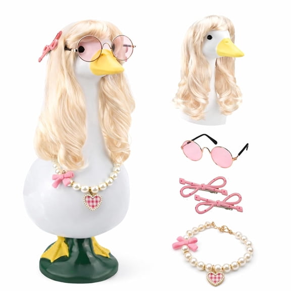Porch Goose Summer Outfit Set with Blonde Long Wig, Pink Sunglasses, Bow Clips and Pearl Necklace for Lawn Statue Princess Style Outdoor Decor