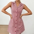 thumbnail image 6 of ClodeEU Women's Plaid Notch Collar Sleeveless Mini Dress with Buttons, Casual Sundress with Back Tie Waist Red,Women's Plus XS, 6 of 8