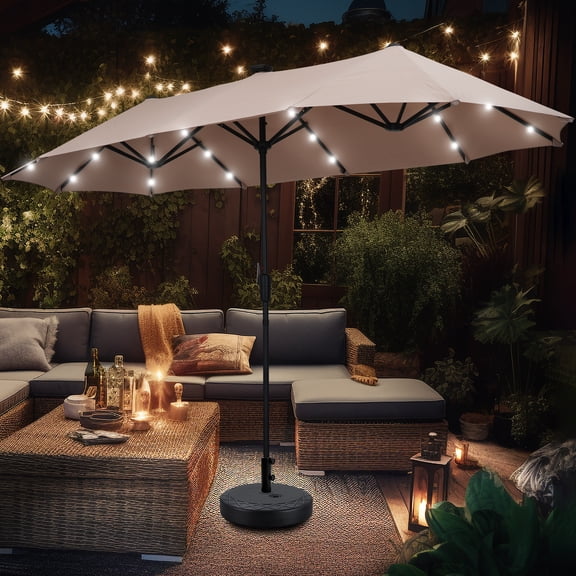 Autlaycil 13ft Rectangle Patio Umbrella with Base and 36 Solar Lights for Pool, Yard, Market - Beige