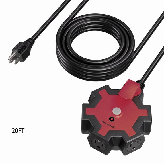 DEWENWILS 20ft Heavy Duty 14/3 Extension Cord with 5 Rotating Outlets, outlet extender, Circuit Breaker, Power Indicator, Red & Black