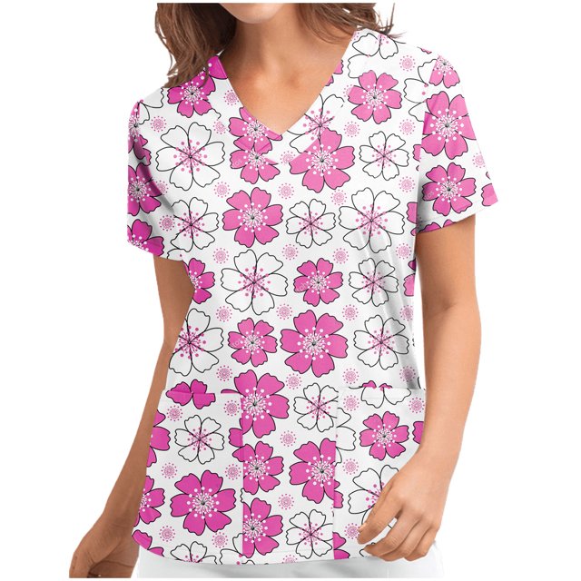 Hauts d'Été pour Femmes 2023, Uniforme de Travail à Manches Courtes Col en V, Blouses Imprimées, Pulls, T-Shirts