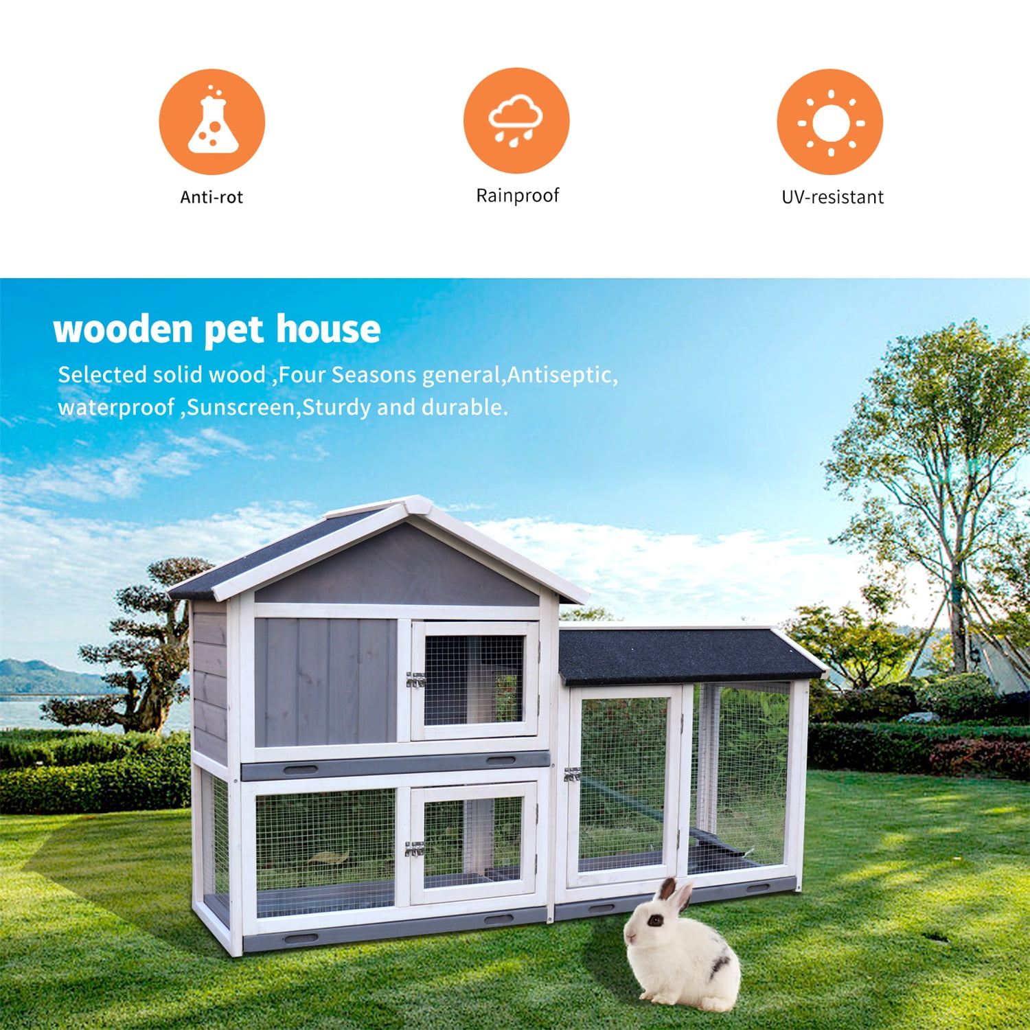 Pefilos Wooden 61" Rabbit Hutch for Small to Medium Animals, Guinea Pig Coop Pet Cage with Ramp and Tray Pefilos Wooden 61" Rabbit Hutch for Small to Medium Animals, Guinea Pig Coop Pet Cage with Ramp and Tray