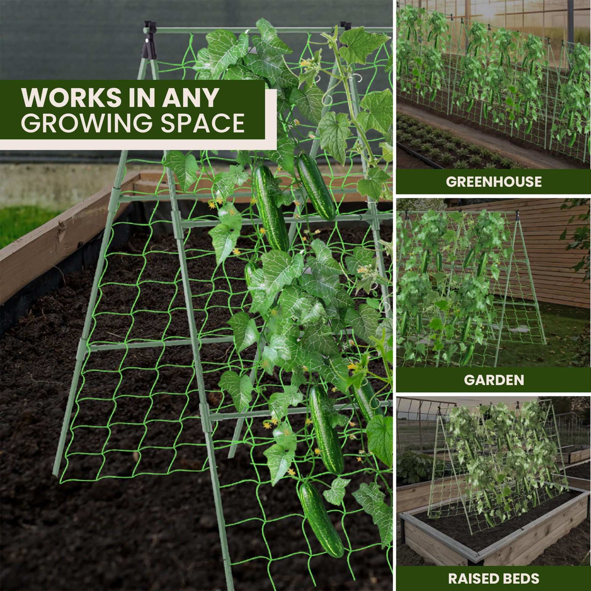 Cucumber Trellis 48 inch A-Frame Garden Trellis for Climbing Plants Outdoor Support for Vegetable Vine Tomato Cucumber Trellis Raised Bed, with Netting, Green