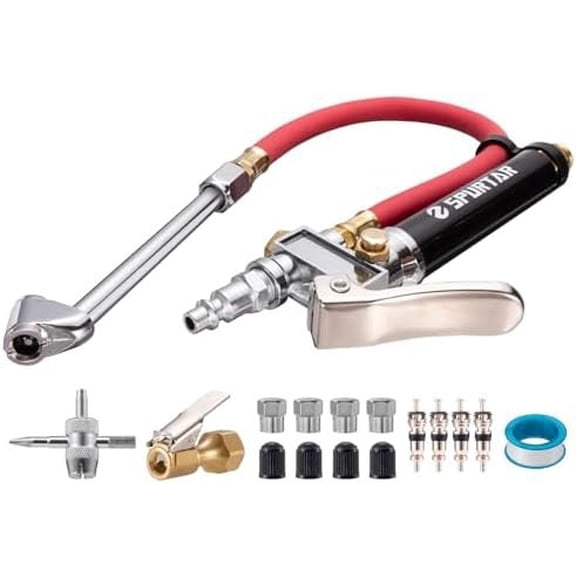 10-120 PSI Heavy Duty Tire Gauge with Inflator Air Chuck with Gauge with 4 Way Tool and Valve Cores Air Compressor Attachments Tire Inflator Nozzle for Automotive