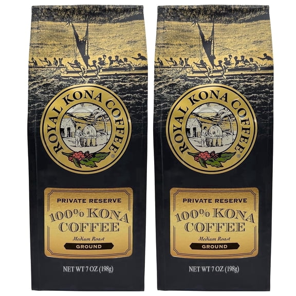 Royal Kona Coffee Medium Roast Ground Coffee, 100% Hawaiian Kona Coffee Grounds, 7oz 2-Pack.