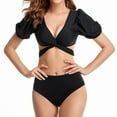 thumbnail image 2 of Bikini Sets for Women V Neck Puff Sleeve Two Piece Bathing Suits High Waisted Tummy Control Wrap Tie Back Bikini Charming Beachwear, 2 of 6