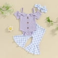 thumbnail image 2 of Odeerbi 3M-2Y Toddler Girls Summer Outfits Layette Set Bow Rib Knit Bodysuit Plaid Flared Pants with Headband Three-piece Set Jumpsuit Printed Trousers Set Toddler Girls Clothes, 2 of 5