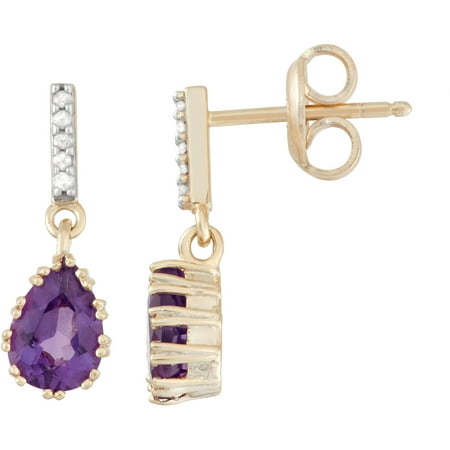 Amethyst and Diamond Accent 18kt Yellow Gold over Sterling Silver Drop Earrings