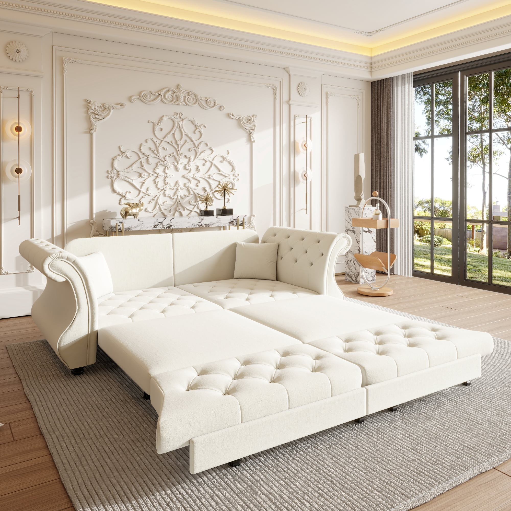 Chesterfield Pull Out Convertible Sofa Bed, Classic Flower Tufted Velvet Loveseat Sleeper Couch With Roll Arms and Pillows, for Living Room Apartment Office