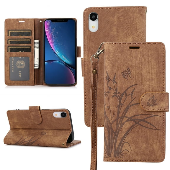 Allytech Wallet Flip Case for iPhone XR with Orchid Butterflies Embossed Pattern, Premium PU Leather Kickstand Magnetic Clasp Shockproof Case with Card Holder & Wrist Strap, Brown