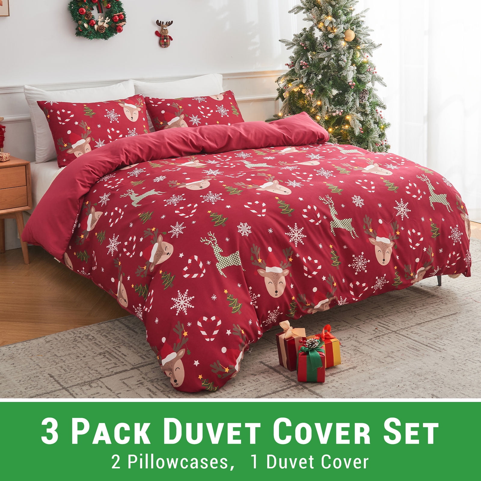 Gogreen Queen Duvet Cover Floral, Soft & Breathable Microfiber 3 Pieces Queen Bedding Sets, Pattern Queen Comfy Duvet Cover, with Zipper Closure (Christmas Elk, Queen)