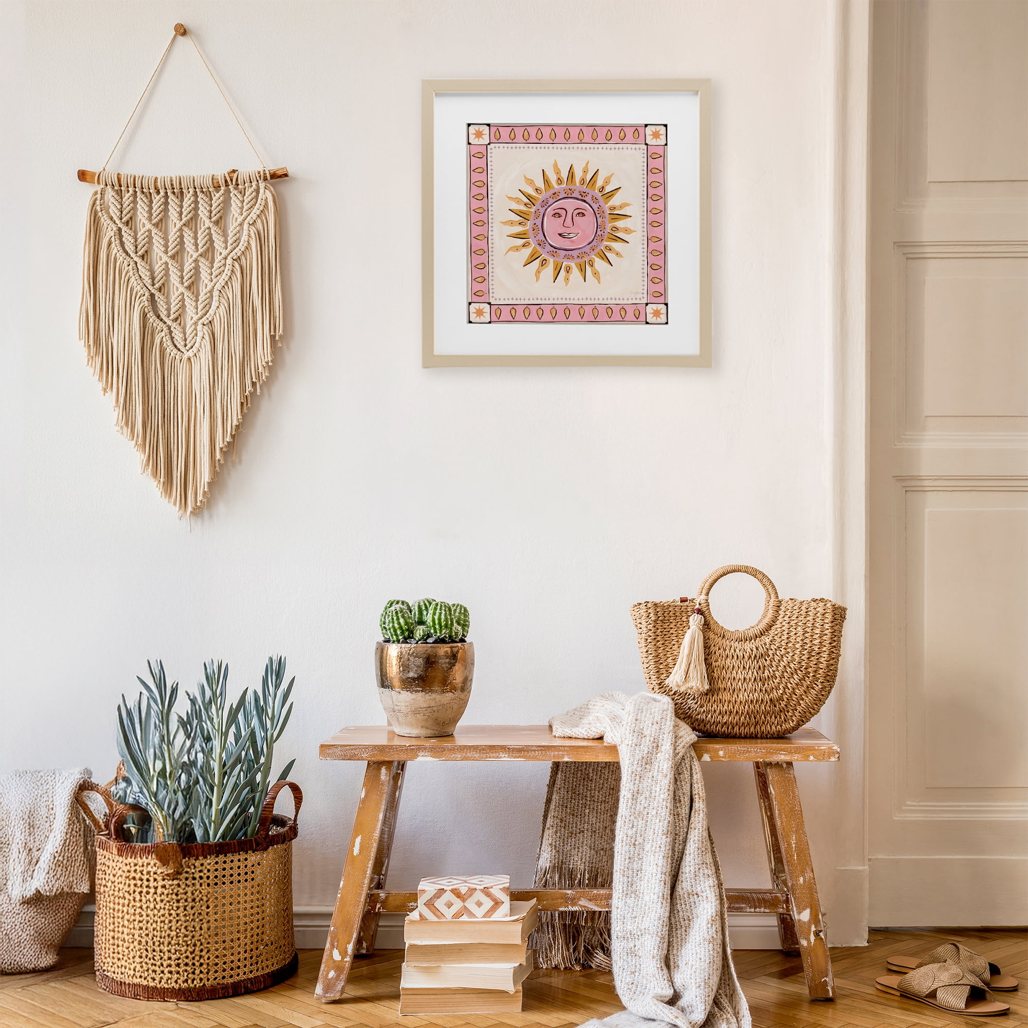Stupell Industries Smiling Sun with Pink Border Birch Framed Print Under Glass, design by Two If By Sea Studios