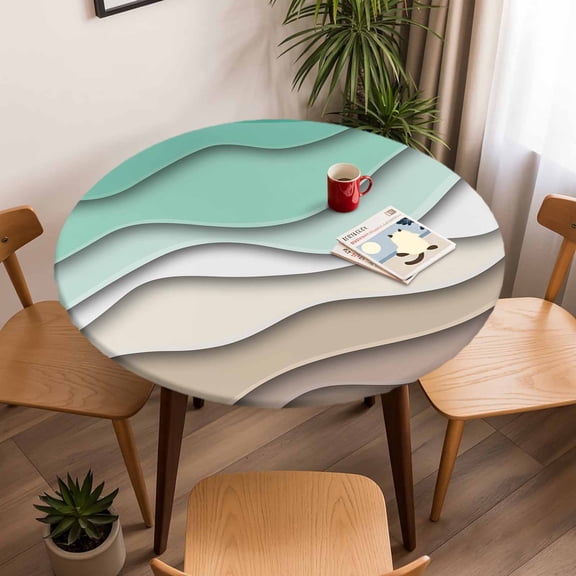 Abstract Gradient Striped Art Round Fitted Tablecloth with Elastic Edge,Waterproof Table Cloth Fits Tables Up to 45"-54",Wipeable Washable Table Cover for Indoor Outdoor Dinning,Modern Ombre Green