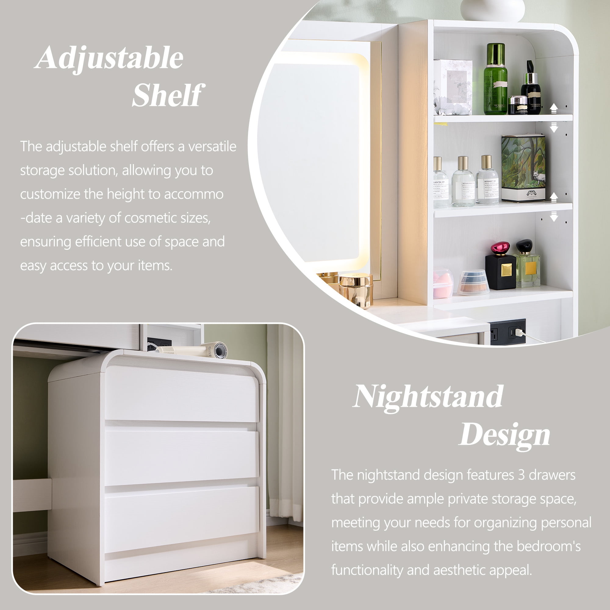 wow97e Modern Vanity Desk with Touch Screen LED Mirror, 55" Big Make Up Table with 5 Drawers , Wood Dressing Tablew/3 Color Available, Charging Station