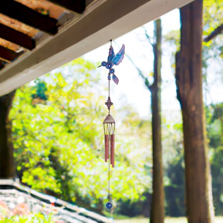 ICE ARMOR 23" Long Blue Hummingbird Copper and Gem Wind Chime Garden Patio Decoration