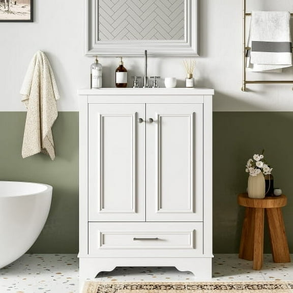 24" Bathroom Vanity with Ceramic Sink, Solid Wood & MDF Storage Cabinet, Adjustable Shelves & Soft-Close Doors, White Freestanding Vanity