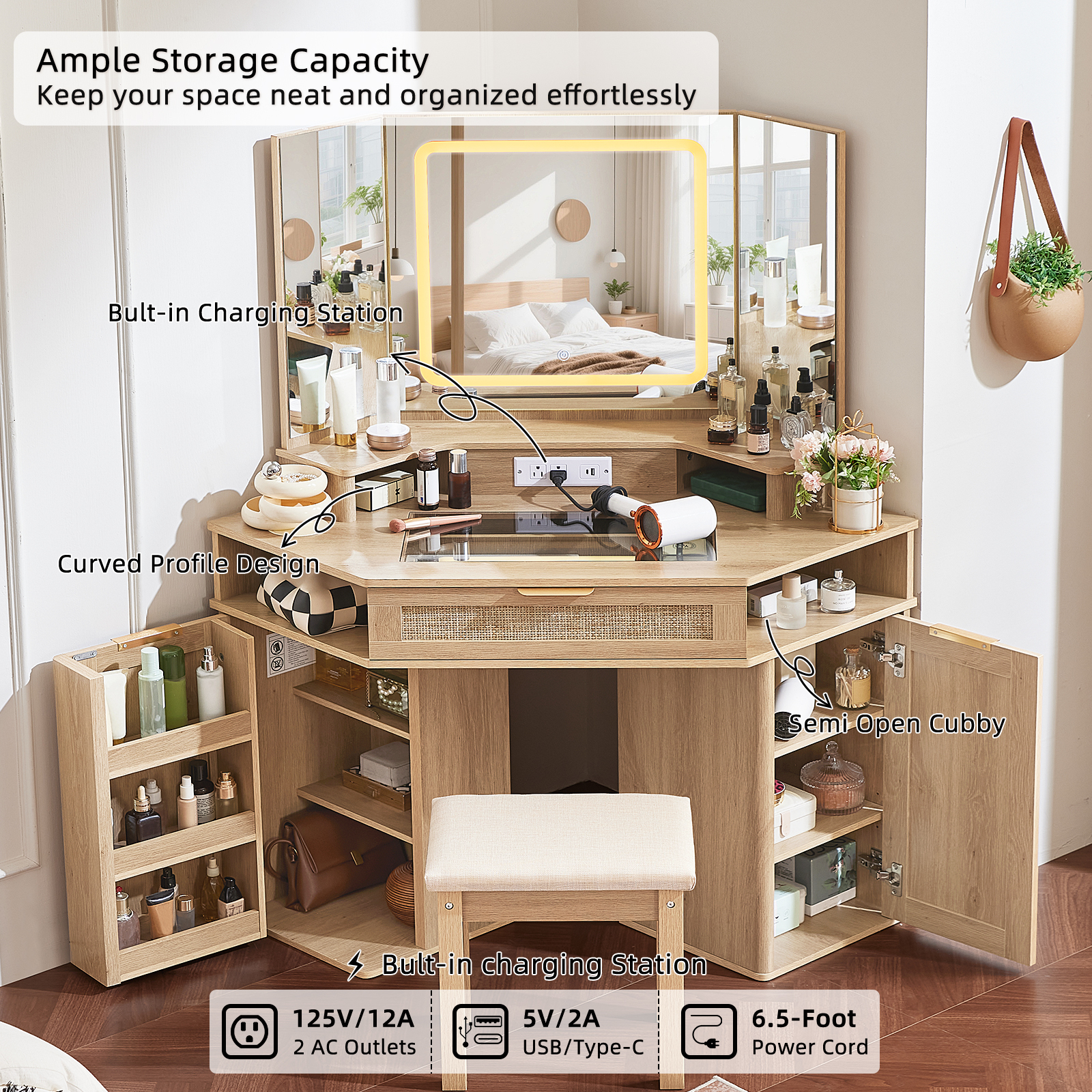 Makeup Vanity Desk with 3 Lighting Options, Dressing Table with Charging Station, Vanity Set with a Large Cabinet, Shelves and Stool, Corner Vanity for Women Girls, Natural Wood