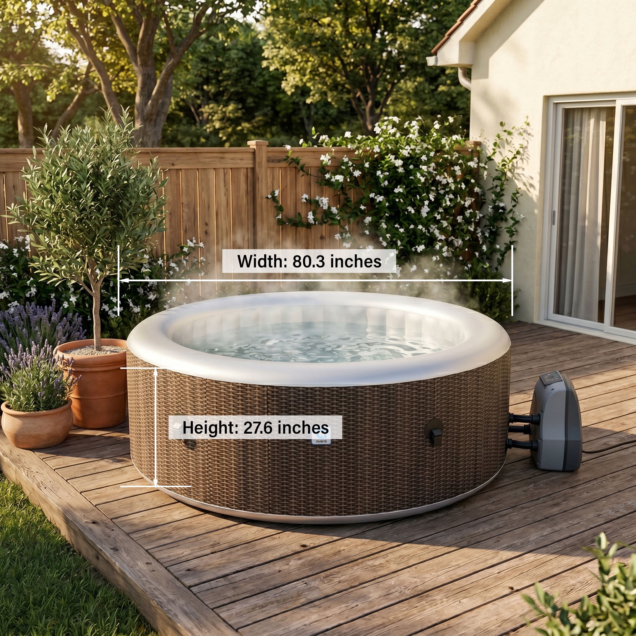 Avenli Nice 4-6 Person Inflatable Hot Tub Spa + Cover, Rattan Pattern, Rapid Heating up to 104°F, 140 Water Jets, 264 Gal, Round