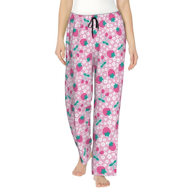 Balery Cherry Strawberry Pantalones de pijama para mujer, pijamas ultraligeros, pantalones de estar por casa-Large