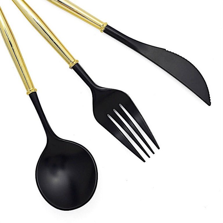 Black & Gold Plastic Cutlery Set for 8