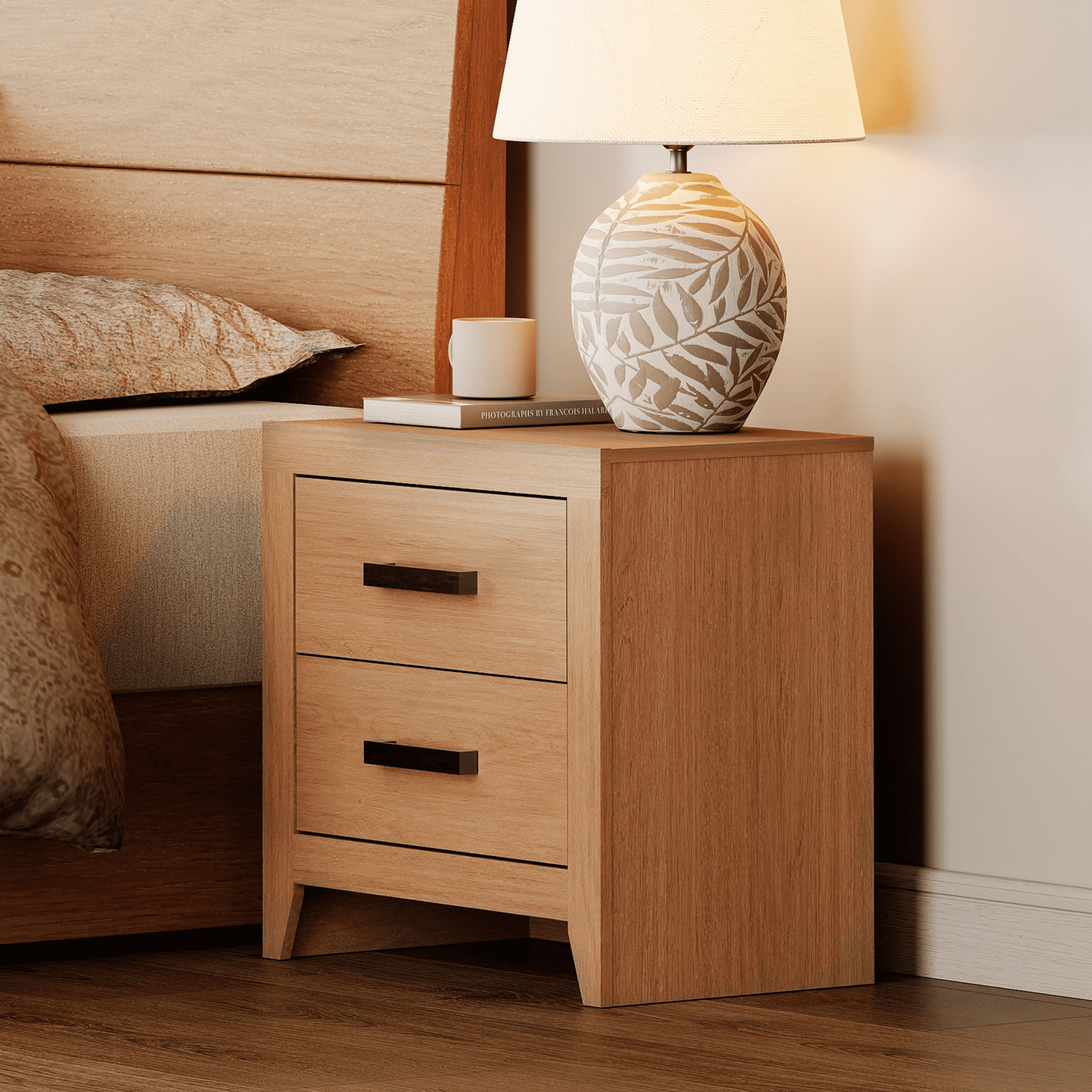 Set of 2 Farmhouse Rustic Wooden Nightstand With 2 Smooth‑Glide Storage Drawers,Solid‑Base Bedside End Table,Multi‑Purpose Accent Side Cabinet For Bedroom,Living‑Room,Mocha