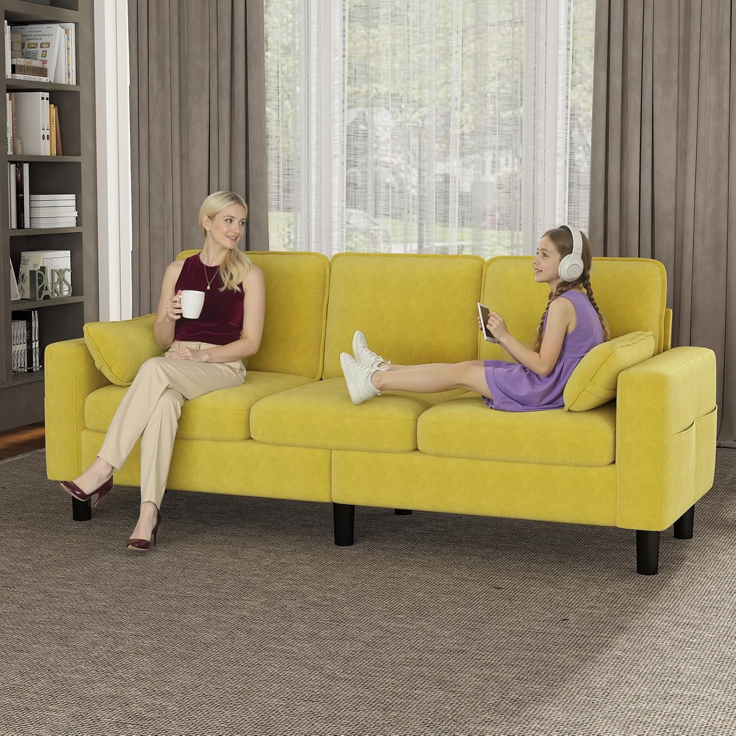Kinbor Multi-Functional 3-Seater Sofa Chair, Modern Accent Chairs Comfy Living Room Chair with Cushions & Side Pocket, Yellow