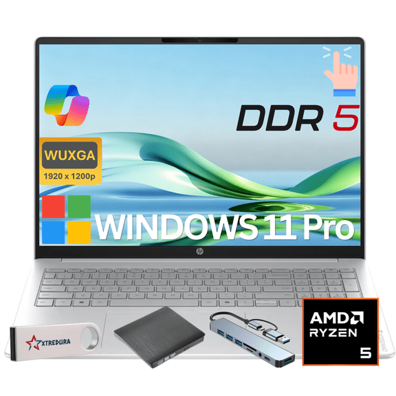 HP OmniBook 3 16" Full HD 2K Touchscreen Laptop, AMD Ryzen R5 40, 8GB RAM, 512GB SSD, Windows 11 Pro/Gift Set
