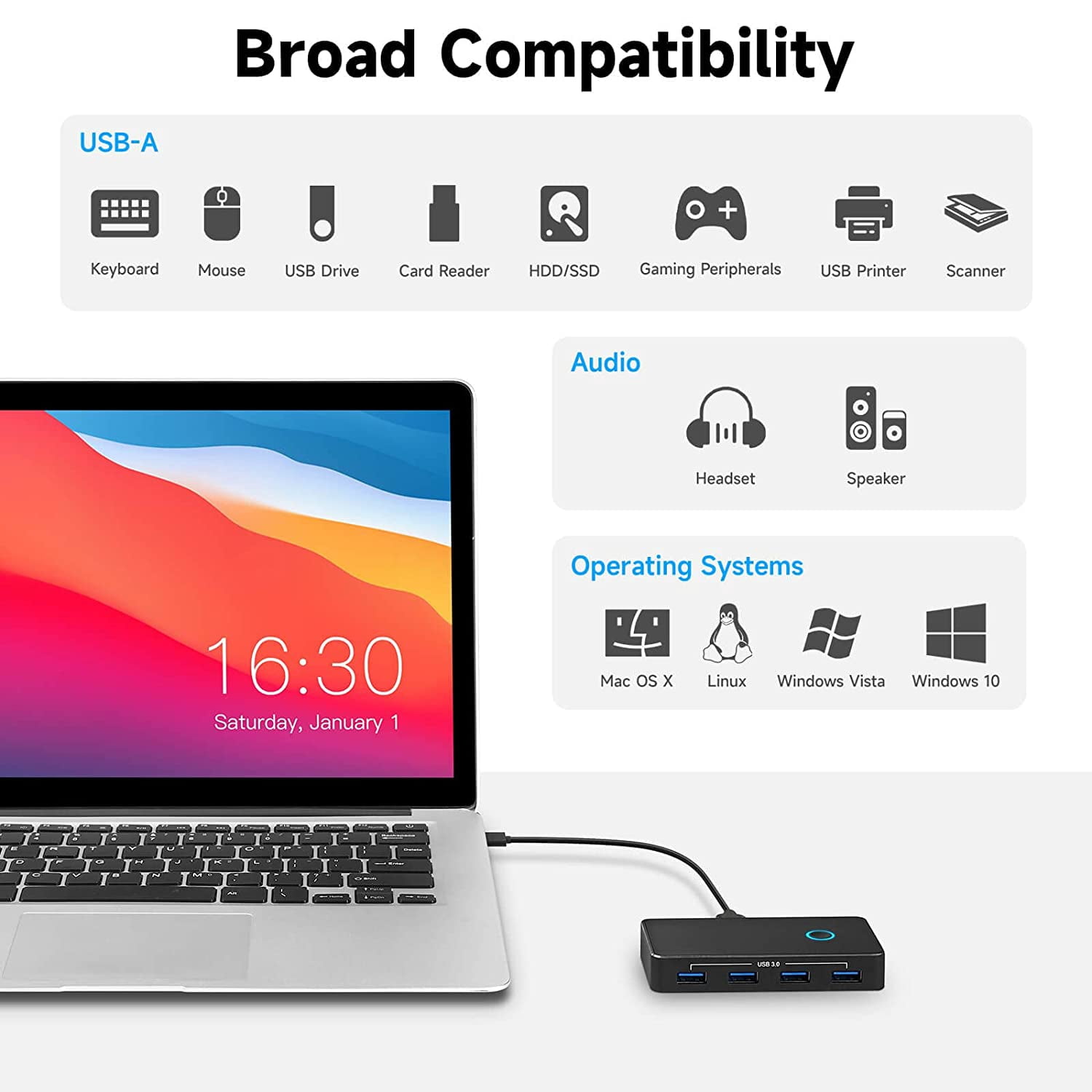 USB 3.0 Switch, RSHTECH 2 in 5 Out Aluminum Hub Selector for 2 Computers Sharing 4 USB Devices and 3.5mm Audio Output,RSH-A201
