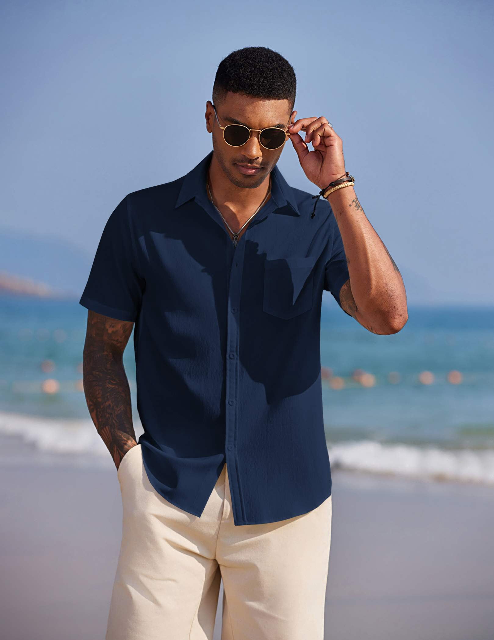 beach dress shirt COOFANDY Men's Button Up Short Sleeve Summer Casual No Tuck Trendy Linen Tops Textured Stretch Shirts Pearl buttonsCottonMachine wash/tumble dry Crazy Saturday31 Niya Gothic Net Overlay Number of Pairs:6