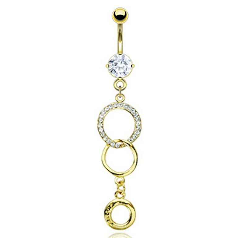 24K Gold Triple Rings Dangle Belly Ring 14G 1.6MM 189 1 Piece 24K Over 316L Surgical Steel Nickel Free