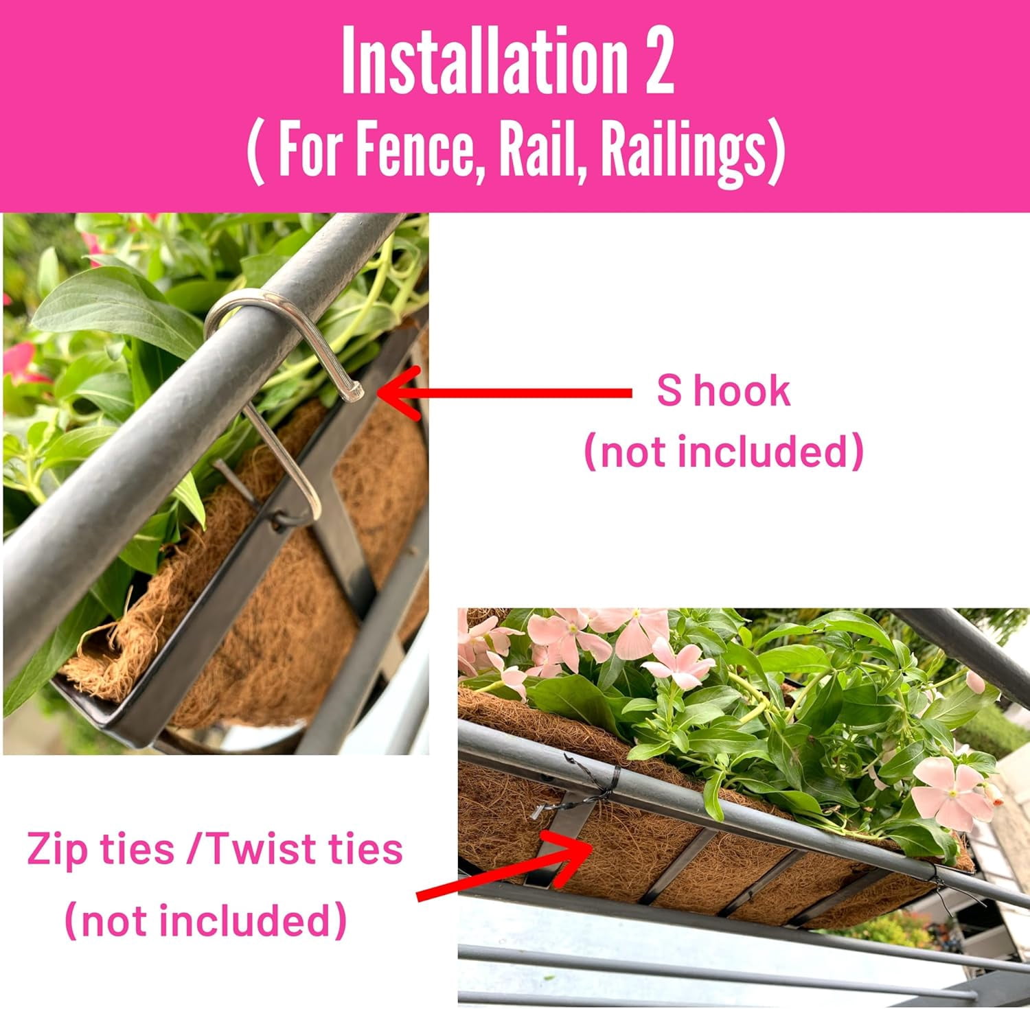 Wall Planters - 16 Inch, 2 Pack Deck Railing Planter Boxes for Outdoor Plants, Window Flower Box with Coco Liners Metal Horse Troughs Fence Balcony Garden Herb Pot Patio Porch Over Rail