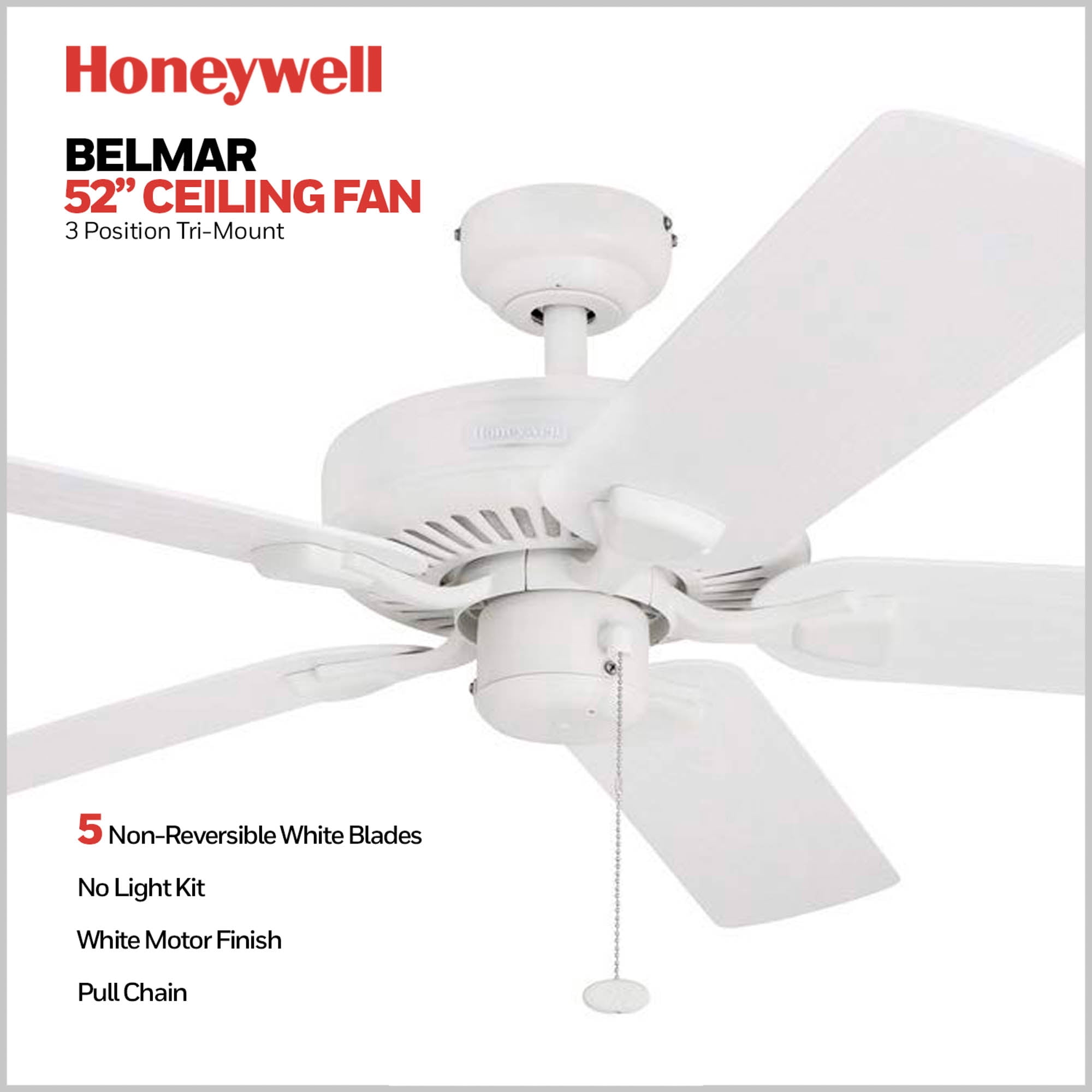 Honeywell Belmar 52" White Indoor/Outdoor Ceiling Fan with 5 Blades, Pull Chains & Reverse Airflow