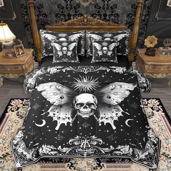 Homewish Boho Skull Moth 7-Piece Twin Bedding Sets,Vintage Baroque Floral Bedding Comforter Set,Retro Bohemain Theme Sheet Sets For Boys Kids,Microfiber Bedroom Decor Reversible