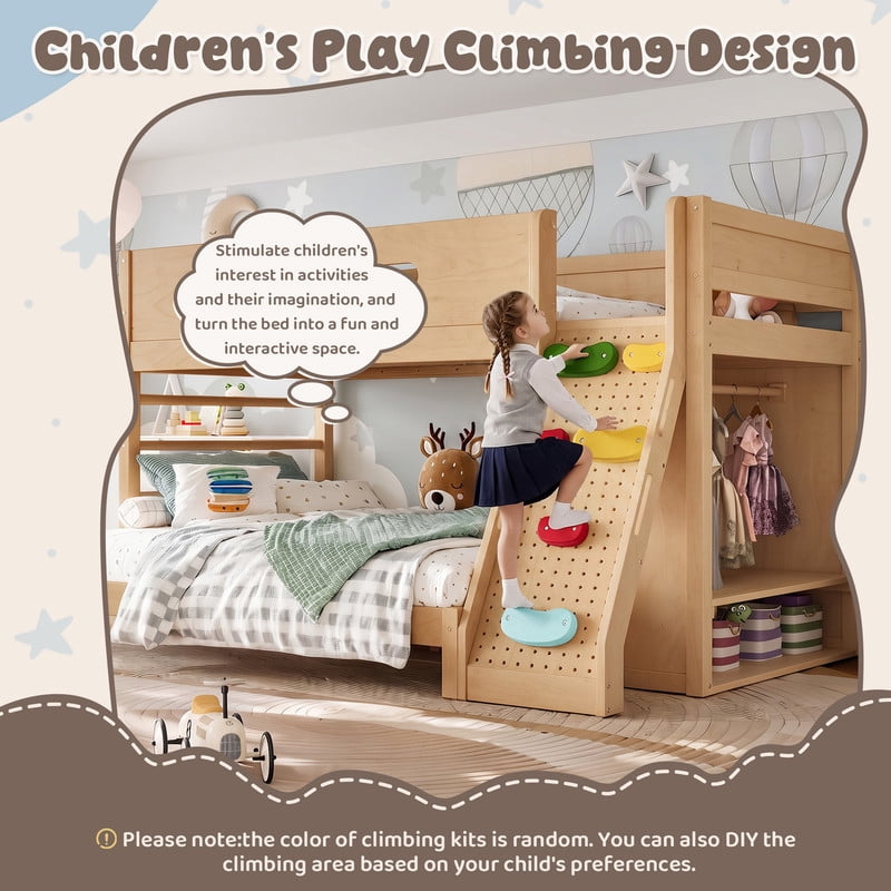 Twin/Twin XL Over Full Bunk Bed with Built-in Wardrobe, Storage Shelves, Rock Climbing Wall, Solid Wood Bunk Bed Fram with Full-Length Guardrails, No Box Spring Needed