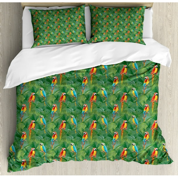 Jungle Duvet Cover Set Queen Size, Green Lush Rainforest Background