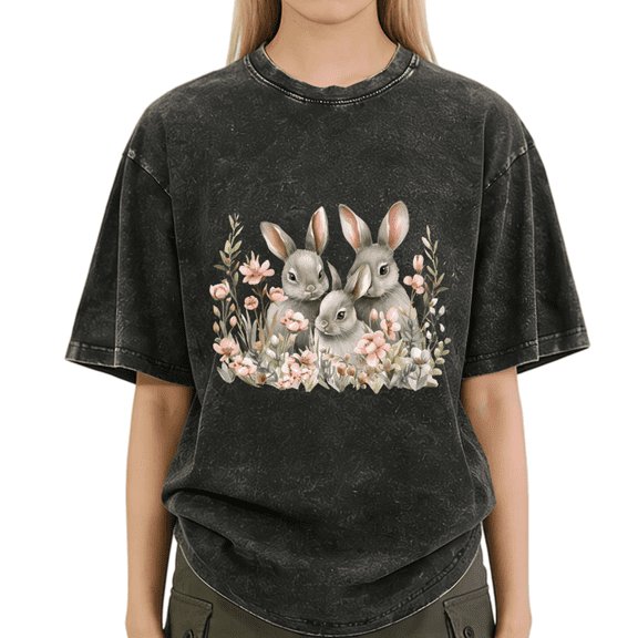 Black Washed Easter Three Bunnies Floral Tshirt Graphic Tees Shirts Easter Day Kawaii S-2XL Tops
