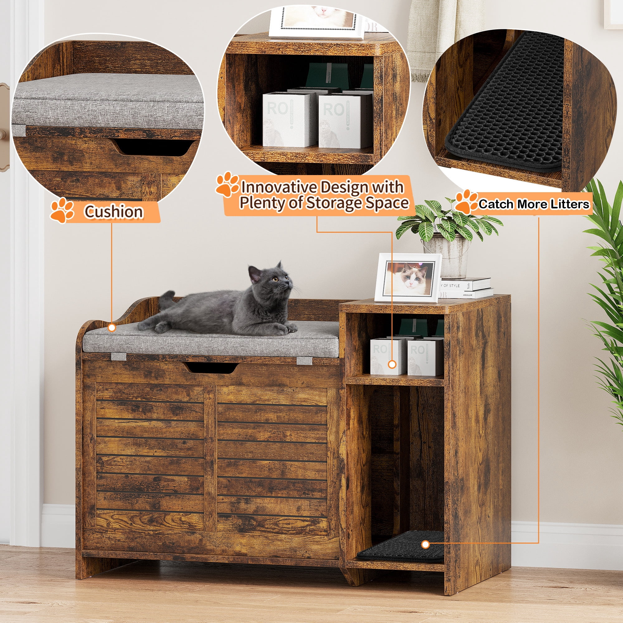 Towallmark Cat Litter Box Enclosure,Top Opening with Cushion,Modern Wood Cat Washroom Hidden Litter Box Furniture House as Table Nightstand with Scratch Pad,Cat Litter Box, Cabinet,Brown