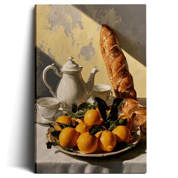 Topbout Art Vintage French Baguette Lemon Canvas Wall Art, Rustic Teapot Still Life Picture for Kitchen Dining Room, Ready to Hang 12*8 inch