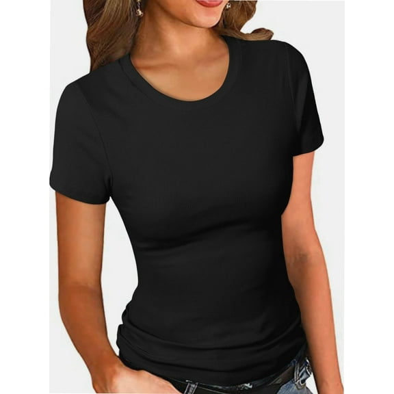 Women's Crew Neck Ribbed Fitted Shirt, Basic Short Sleeves Slim Fit Tops Summer T Shirt