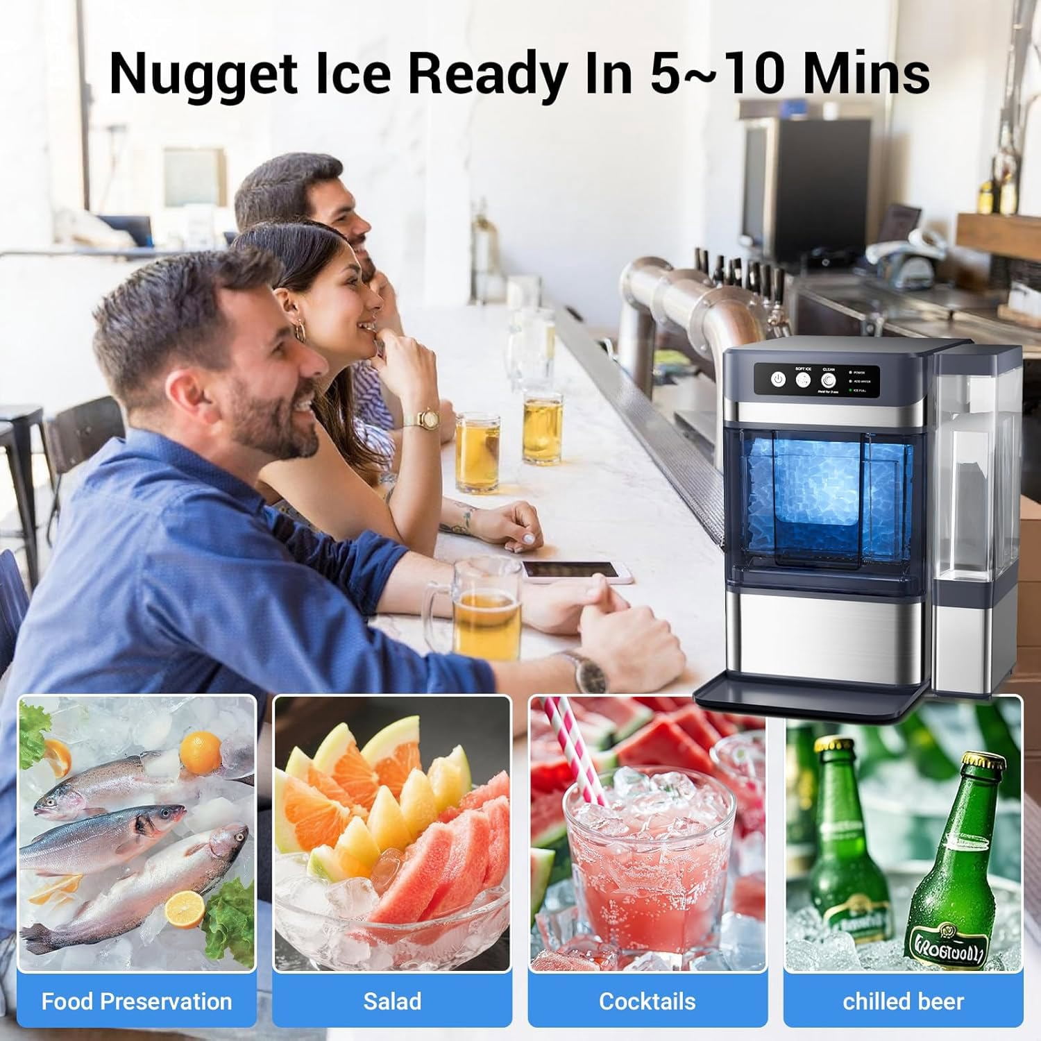 Nugget Ice Maker Countertop with 0.8Gal Removable Tank, 44Lbs/24H, One-Touch Fast Ice in 6 Mins, Self-Cleaning & Ultra Quiet for Home/Office/Party
