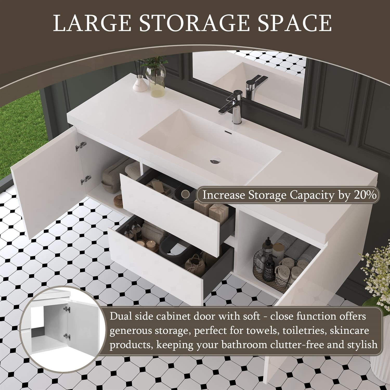 Demi Bonn 60" Floating Bathroom Vanity with Sink, Resin Top Basin and 2 Soft Close Drawers, 2 Storage Cabinet, Faucets and Drains Not Included, White