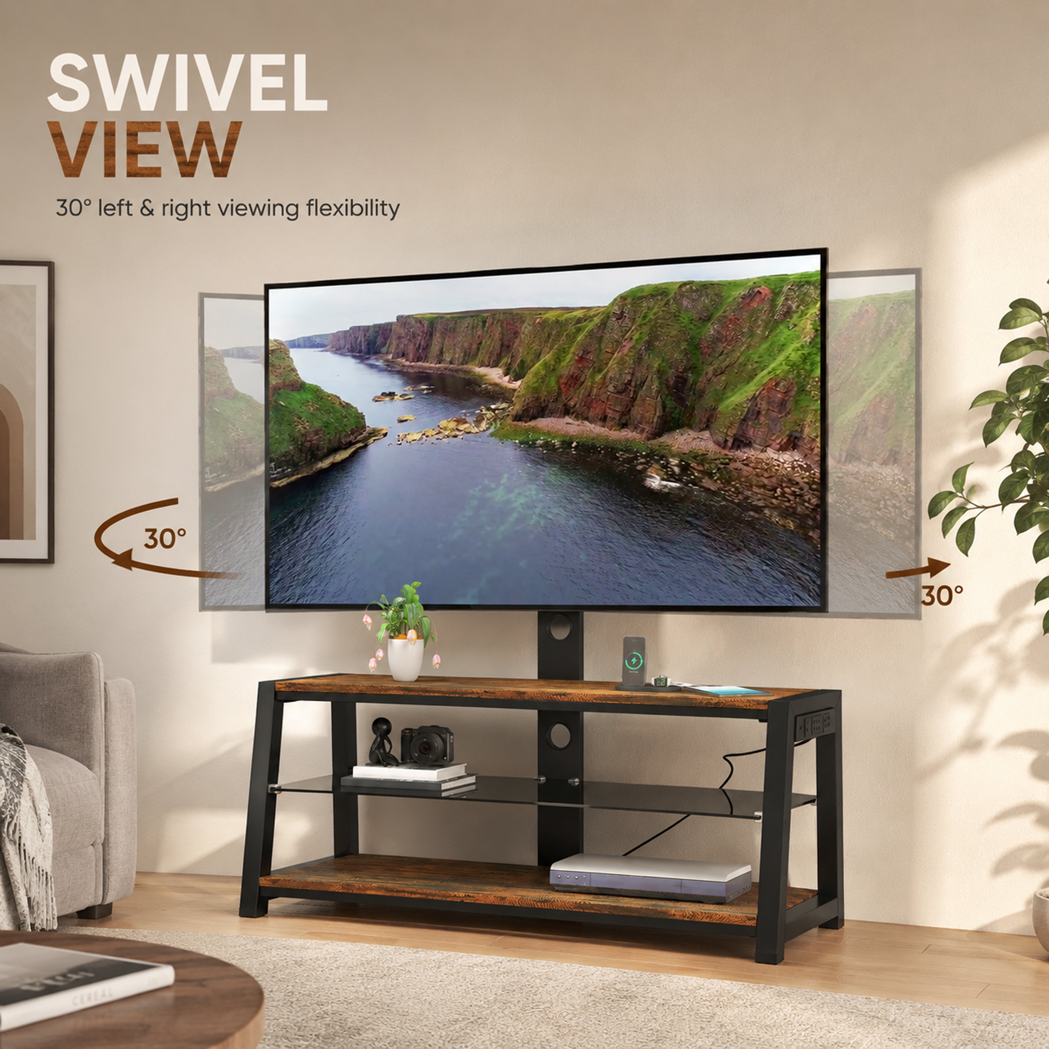 Wooden TV Stand with Swivel Mount, Height Adjustable Universal TV Floor Stand for 32-65 Inch TVs, 3-Tier Tempered Glass Entertainment Center with Power Outlet, Wire Management