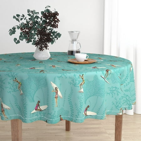 Round Tablecloth Mid Century Modern Hawaii Surf Weed Tropical Cotton (Best Table Top Vaporizers For Weed)