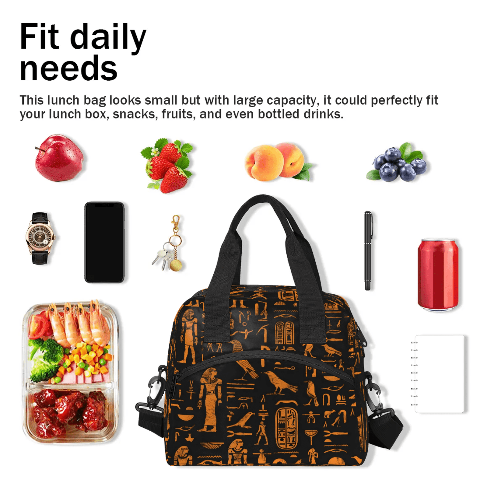 Herdesigns Ethnic Egypt Egyptian Insulated Lunch Bag for Women Men Adult, Reusable Insulated Cooler Lunch Box Lunch Tote Bag for Work Picnic Beach