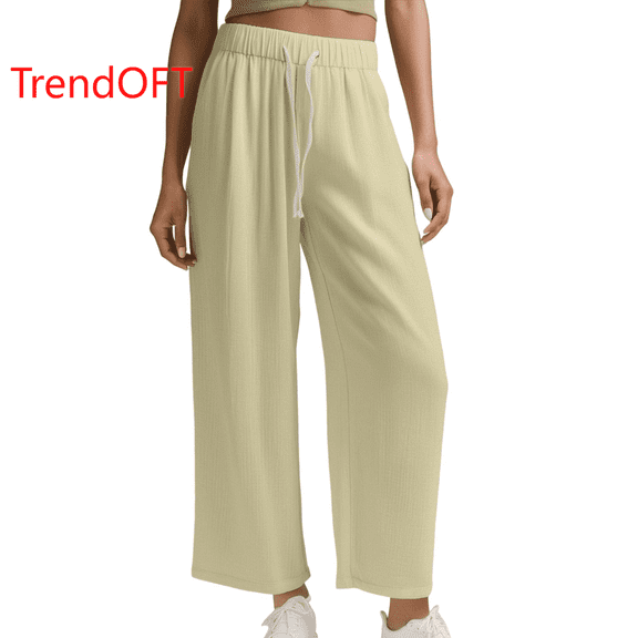 TrendOFT Lightweight Wide Leg Cropped Pants for Women High Waisted Loose Casual Travel Work Sweatpants Fall Sweat Lounge Pants Yellow XL