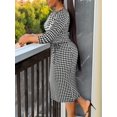 thumbnail image 2 of Black And White Houndstooth Print Fitted Midi Dress With Self-Tie Waist, Elegant Plus Size, 2 of 4
