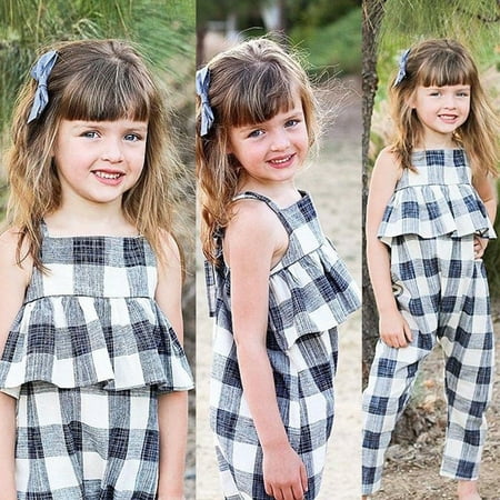 Hot Autumn Kids Baby Big Sister Girls Matching Cool Plaid Grid Rompers Long Pants Sleeveless Jumpsuits Clothes Outfits Bodysuit 2-8T