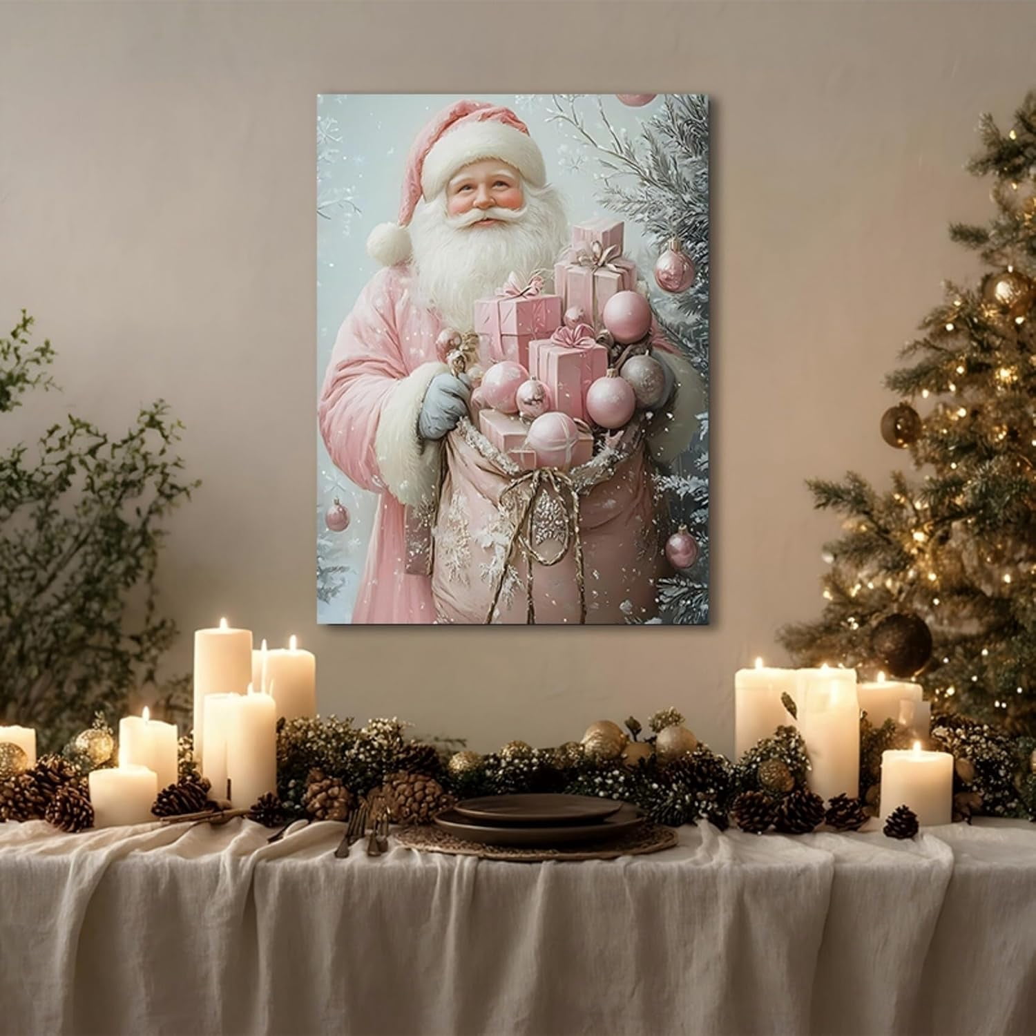 Pink Christmas Canvas Wall Art, Santa Elegant Pictures for Girls Bedroom And Festive Party Wall Decorations, Christmas Gift for Womens, Framed Painting Ready to Hang
