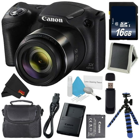 Canon Powershot SX430 IS Digital Camera (Black) (Intl Model) + 16GB SDHC Class 10 Memory Card + Small Soft Carrying Case + Memory Card Wallet + SD Card USB Reader + MicroFiber Cloth