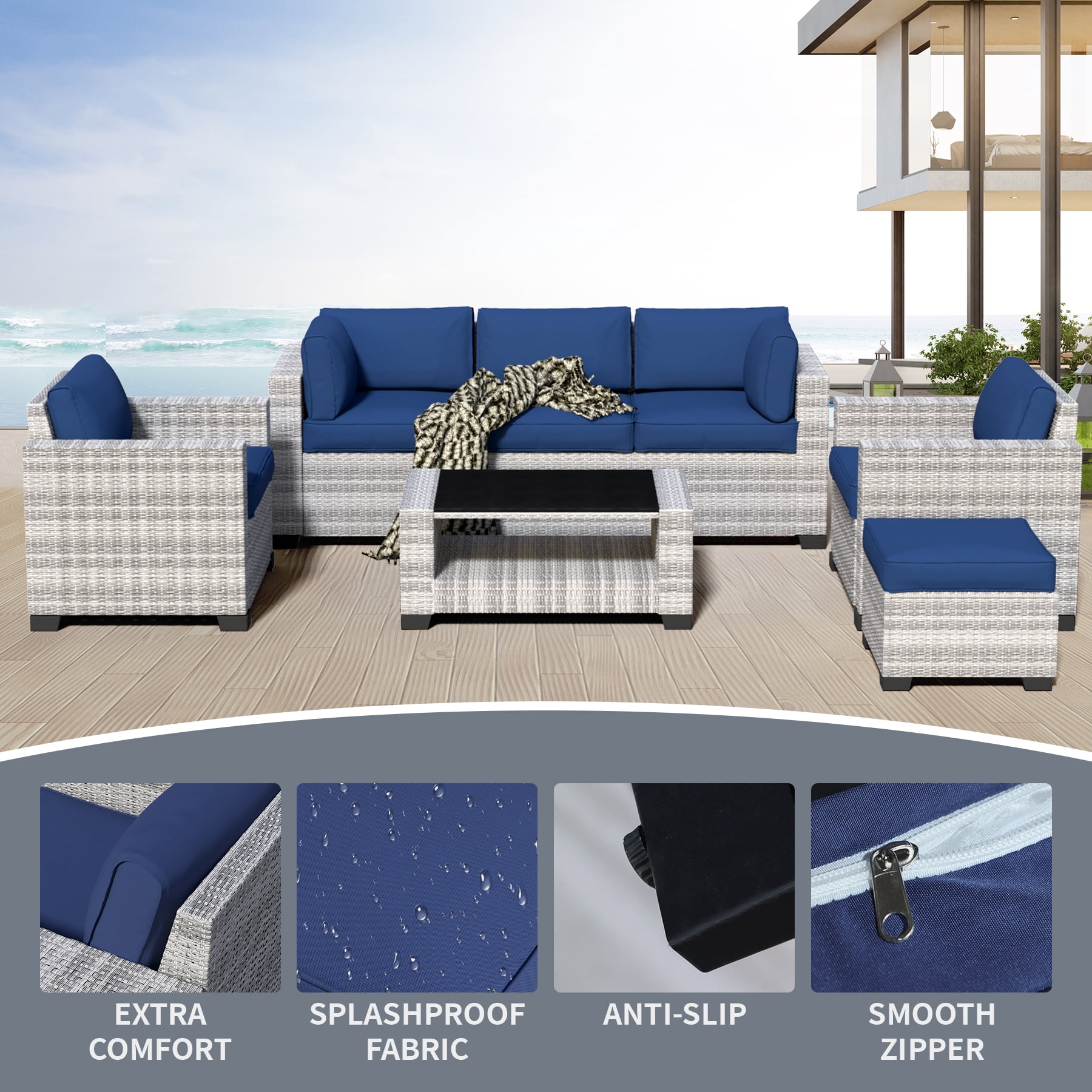 7-Piece Outdoor Patio Furniture Set, All-Weather Rattan Sectional Sofa with Waterproof Cushions & Tempered Glass Table, Perfect for Garden, Poolside, Backyard (Navy Blue)